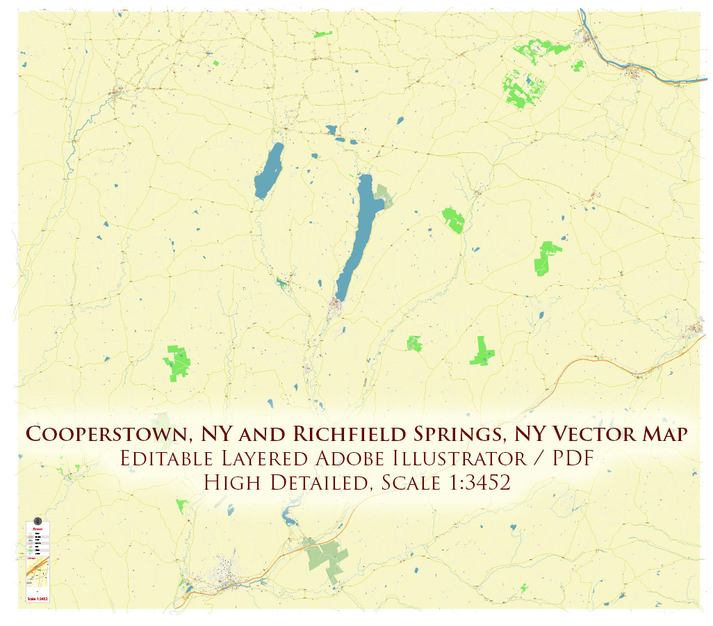 Cooperstown and Richfield Springs New York USA Map Vector Exact High Detailed Street Map editable Adobe Illustrator in layers