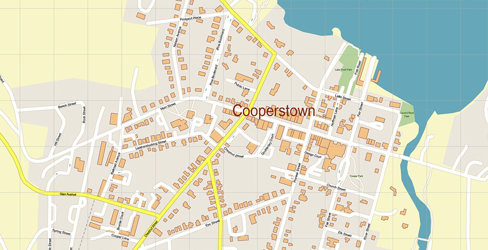 Cooperstown and Richfield Springs New York USA Map Vector Exact High Detailed Street Map editable Adobe Illustrator in layers