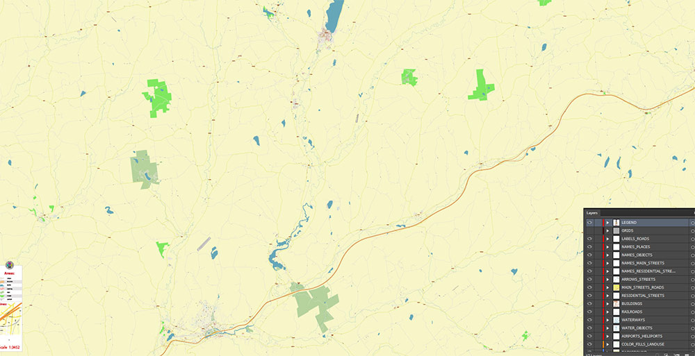 Cooperstown and Richfield Springs New York USA Map Vector Exact High Detailed Street Map editable Adobe Illustrator in layers