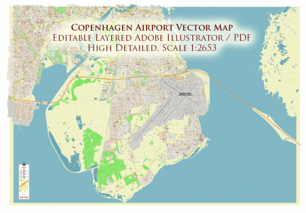 Copenhagen Airport Map Vector Exact High Detailed Street Map editable Adobe Illustrator in layers