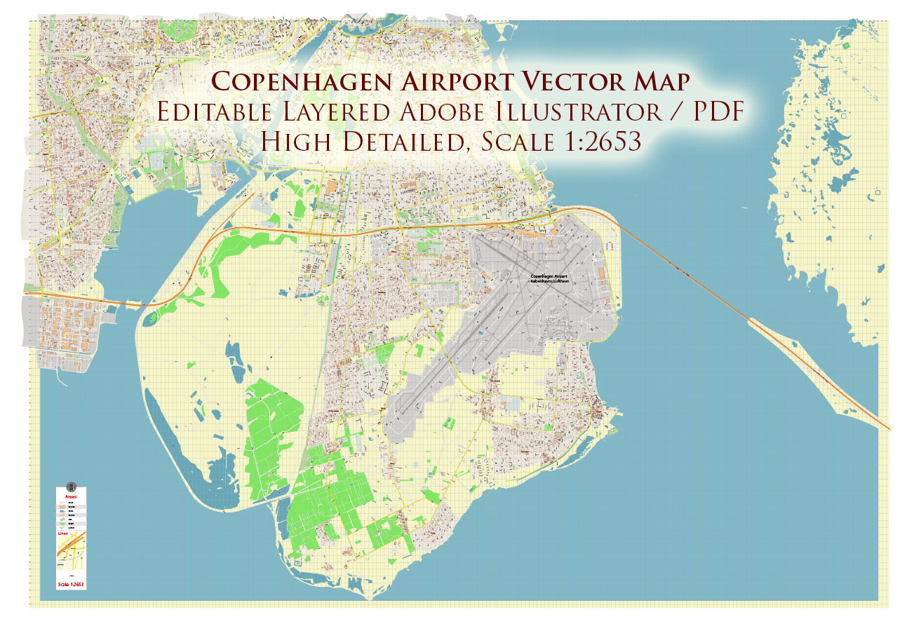 Copenhagen Airport Map Vector Exact High Detailed Street Map editable Adobe Illustrator in layers