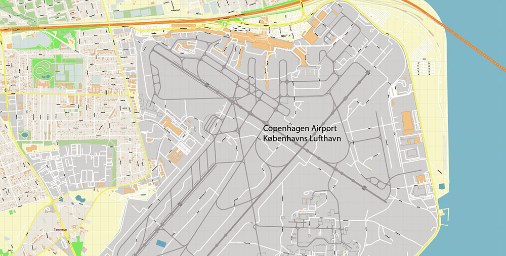 Copenhagen Airport Map Vector Exact High Detailed Street Map editable Adobe Illustrator in layers