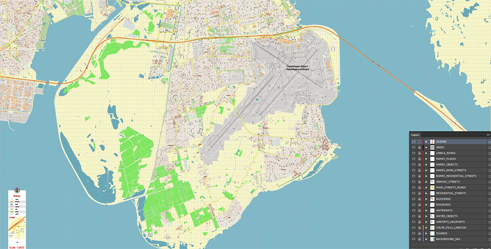 Copenhagen Airport Map Vector Exact High Detailed Street Map editable Adobe Illustrator in layers