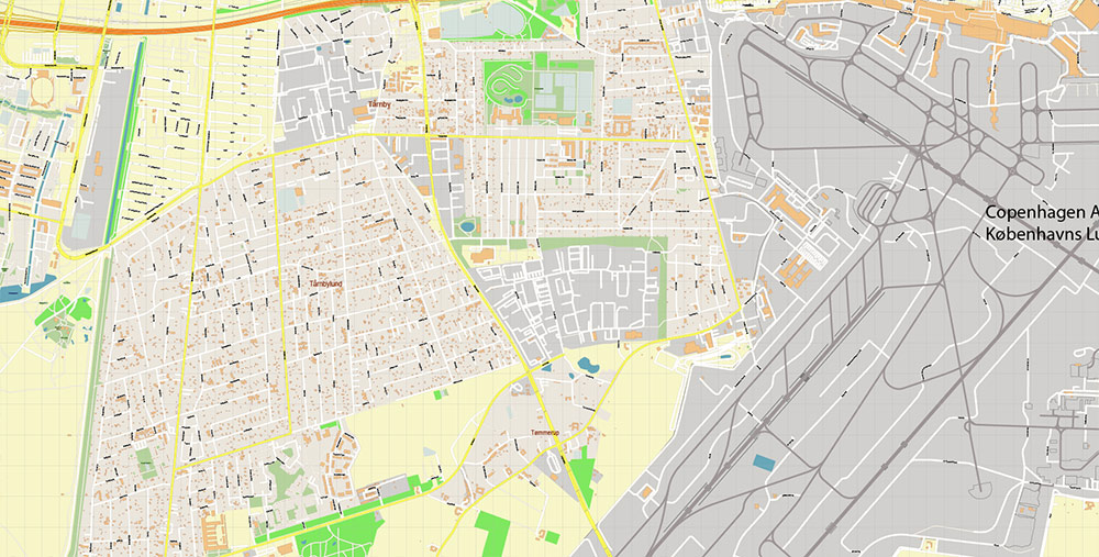 Copenhagen Airport Map Vector Exact High Detailed Street Map editable Adobe Illustrator in layers