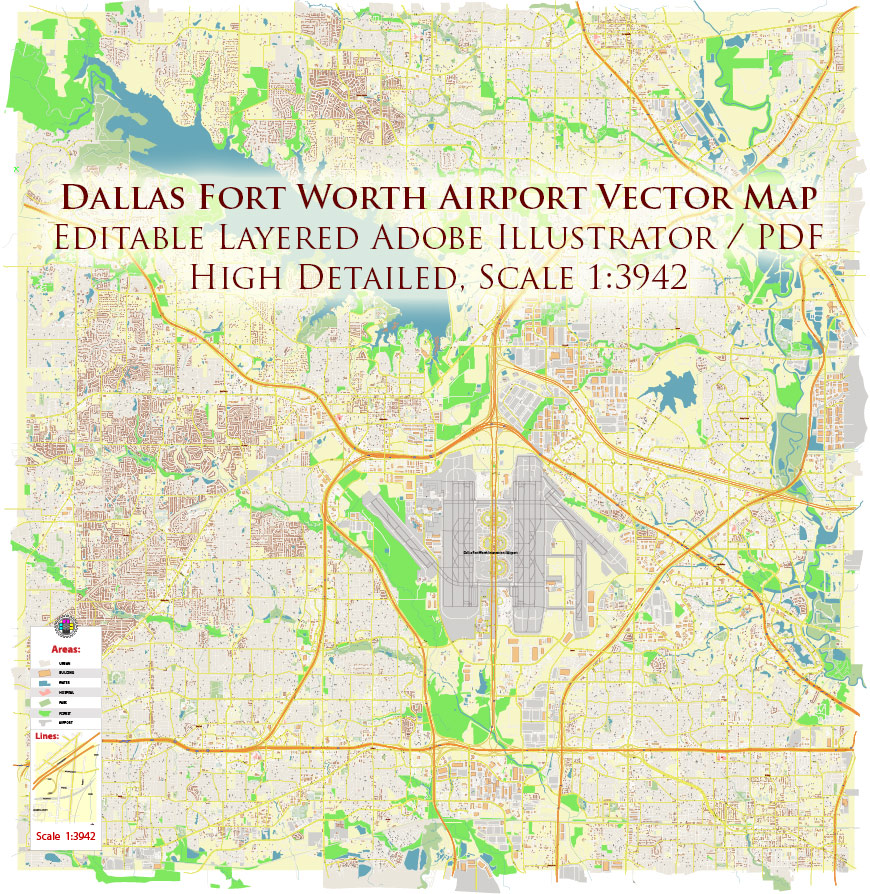 Dallas - Fort Worth Airport Map Vector Exact High Detailed Street Map editable Adobe Illustrator in layers