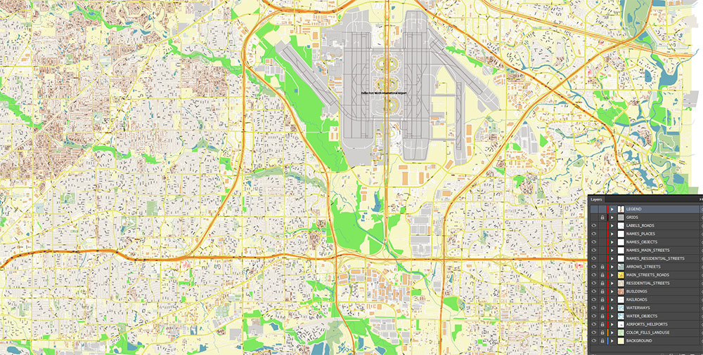 Dallas - Fort Worth Airport Map Vector Exact High Detailed Street Map editable Adobe Illustrator in layers