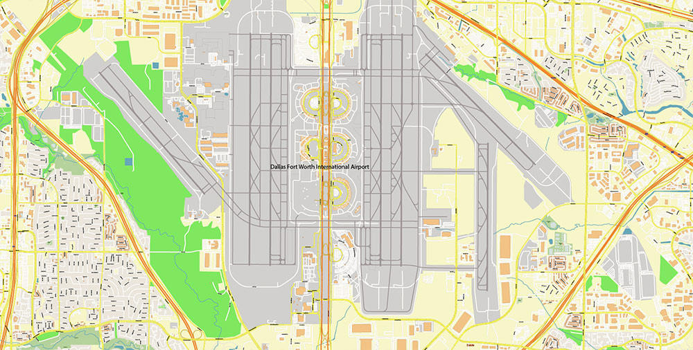 Dallas - Fort Worth Airport Map Vector Exact High Detailed Street Map editable Adobe Illustrator in layers
