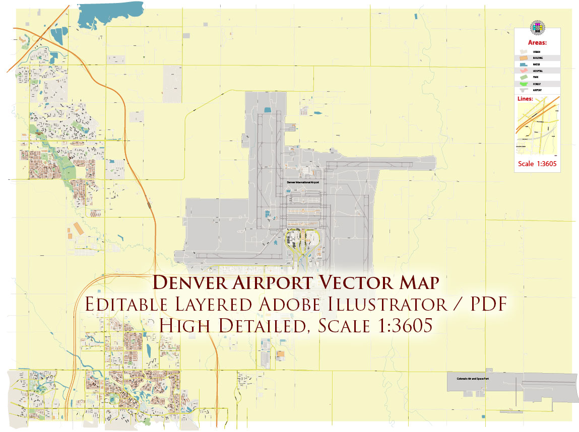 Denver Airport Map Vector Exact High Detailed Street Map editable Adobe Illustrator in layers
