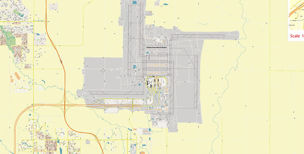 Denver Airport Map Vector Exact High Detailed Street Map editable Adobe Illustrator in layers