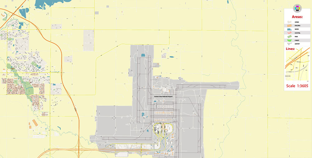 Denver Airport Map Vector Exact High Detailed Street Map editable Adobe Illustrator in layers