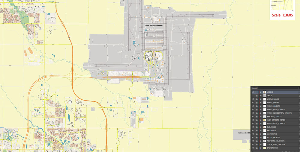 Denver Airport Map Vector Exact High Detailed Street Map editable Adobe Illustrator in layers