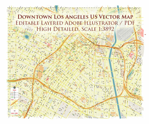 Downtown Los Angeles CBD Map Vector Exact High Detailed Street Map editable Adobe Illustrator in layers
