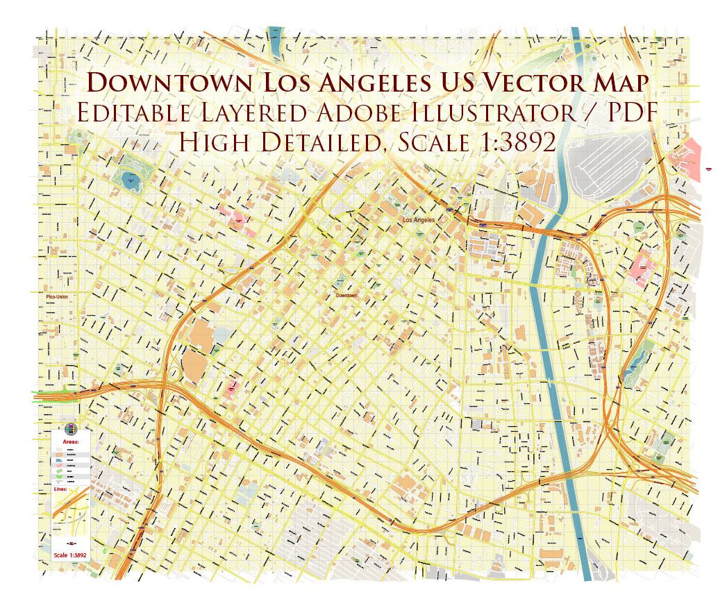 Downtown Los Angeles CBD Map Vector Exact High Detailed Street Map editable Adobe Illustrator in layers