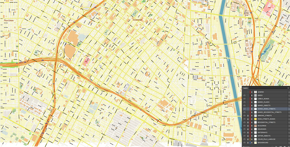 Downtown Los Angeles CBD Map Vector Exact High Detailed Street Map editable Adobe Illustrator in layers