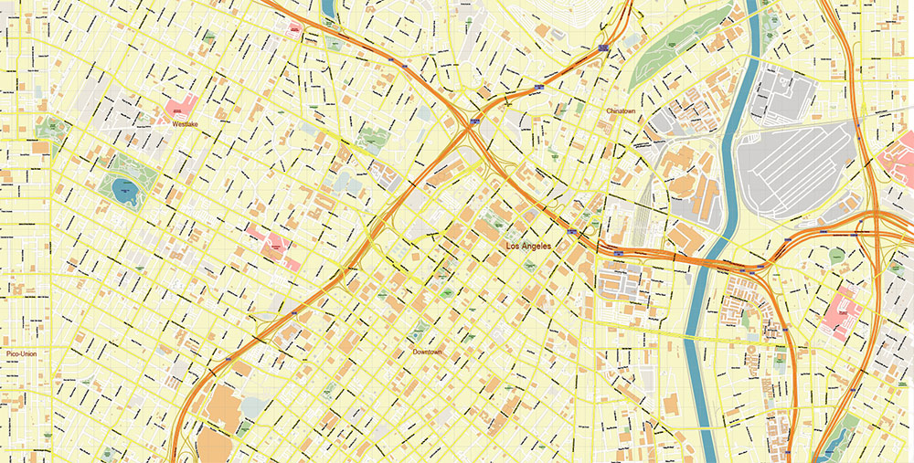 Downtown Los Angeles CBD Map Vector Exact High Detailed Street Map editable Adobe Illustrator in layers