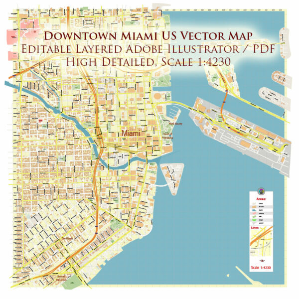 Downtown Miami CBD Map Vector Exact High Detailed Street Map editable Adobe Illustrator in layers