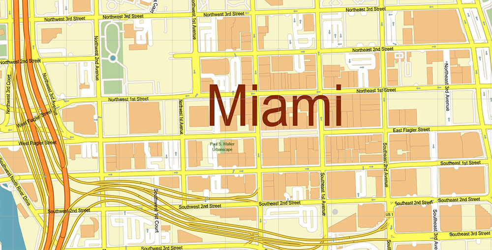 Downtown Miami CBD Map Vector Exact High Detailed Street Map editable Adobe Illustrator in layers