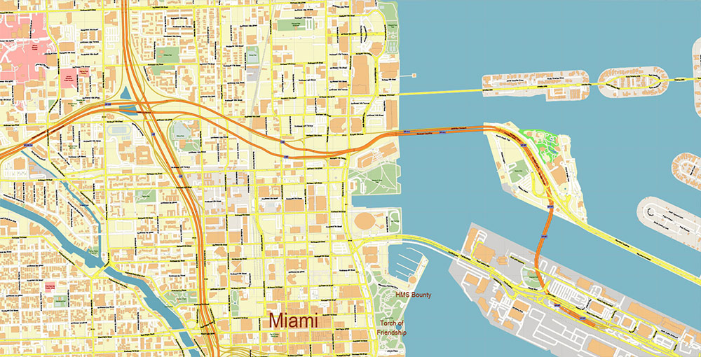 Downtown Miami CBD Map Vector Exact High Detailed Street Map editable Adobe Illustrator in layers