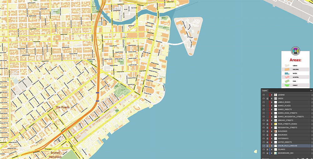 Downtown Miami CBD Map Vector Exact High Detailed Street Map editable Adobe Illustrator in layers
