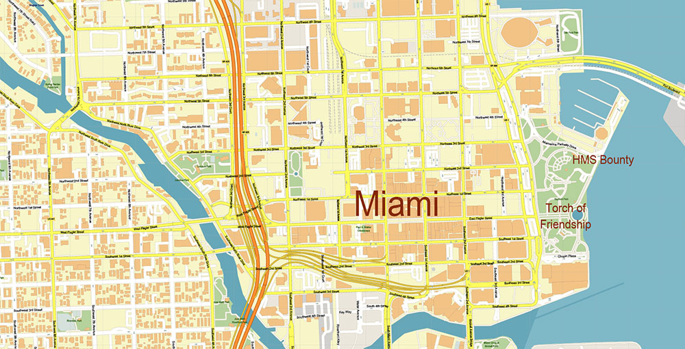 Downtown Miami CBD Map Vector Exact High Detailed Street Map editable Adobe Illustrator in layers