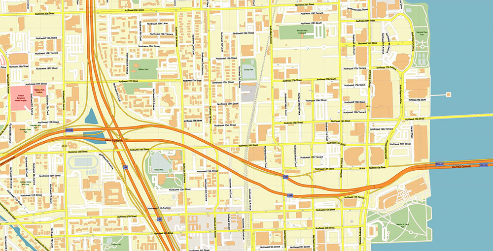 Downtown Miami CBD Map Vector Exact High Detailed Street Map editable Adobe Illustrator in layers
