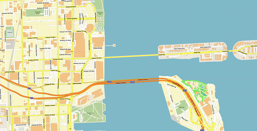 Downtown Miami CBD Map Vector Exact High Detailed Street Map editable Adobe Illustrator in layers