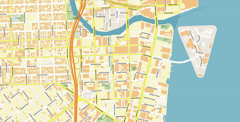 Downtown Miami CBD Map Vector Exact High Detailed Street Map editable Adobe Illustrator in layers