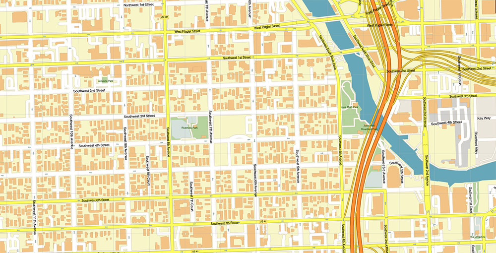 Downtown Miami CBD Map Vector Exact High Detailed Street Map editable Adobe Illustrator in layers