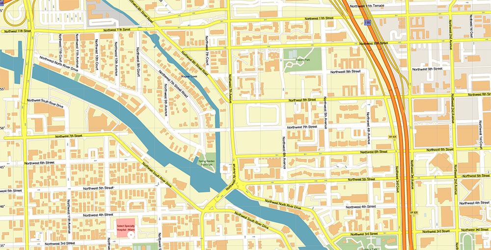 Downtown Miami CBD Map Vector Exact High Detailed Street Map editable Adobe Illustrator in layers