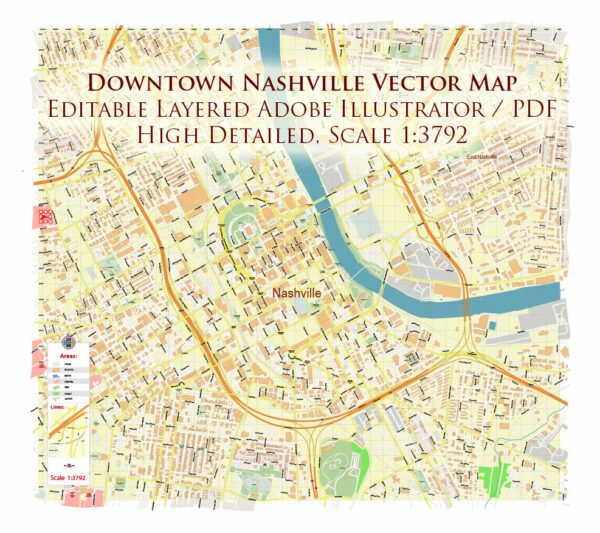 Downtown Nashville CBD Map Vector Exact High Detailed Street Map editable Adobe Illustrator in layers