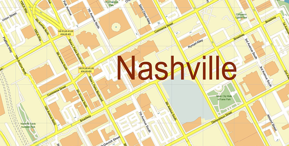 Downtown Nashville CBD Map Vector Exact High Detailed Street Map editable Adobe Illustrator in layers
