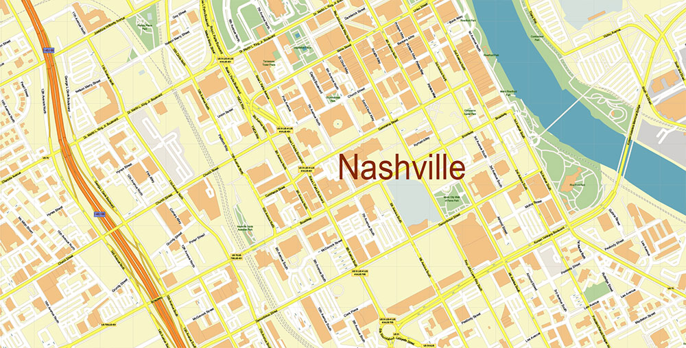 Downtown Nashville CBD Map Vector Exact High Detailed Street Map editable Adobe Illustrator in layers