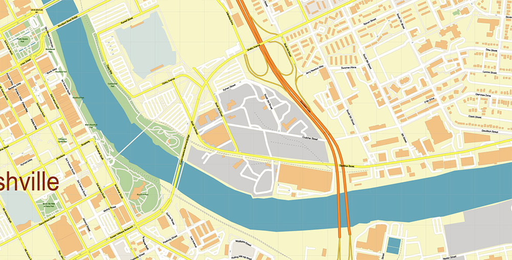 Downtown Nashville CBD Map Vector Exact High Detailed Street Map editable Adobe Illustrator in layers