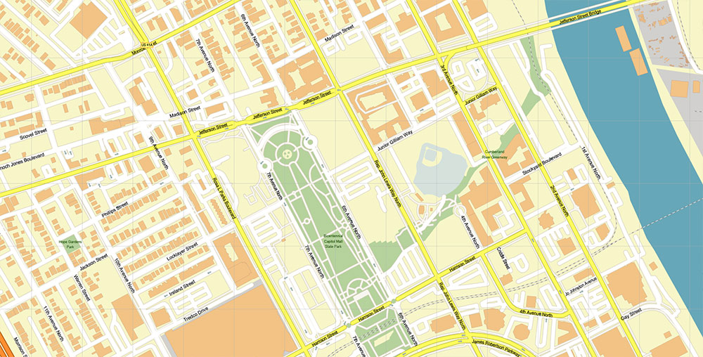 Downtown Nashville CBD Map Vector Exact High Detailed Street Map editable Adobe Illustrator in layers