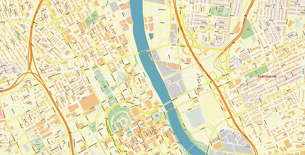 Downtown Nashville CBD Map Vector Exact High Detailed Street Map editable Adobe Illustrator in layers