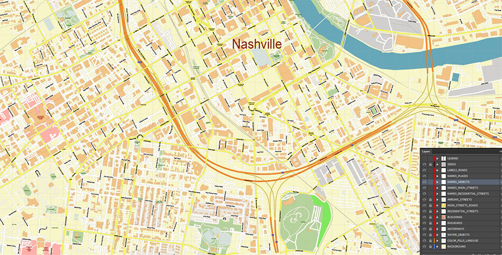 Downtown Nashville CBD Map Vector Exact High Detailed Street Map editable Adobe Illustrator in layers