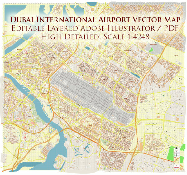 Dubai International Airport Map Vector Exact High Detailed Street Map editable Adobe Illustrator in layers