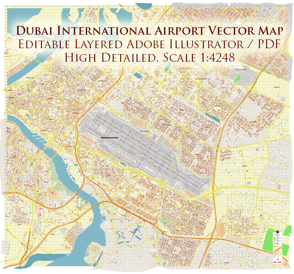 Dubai International Airport Map Vector Exact High Detailed Street Map editable Adobe Illustrator in layers