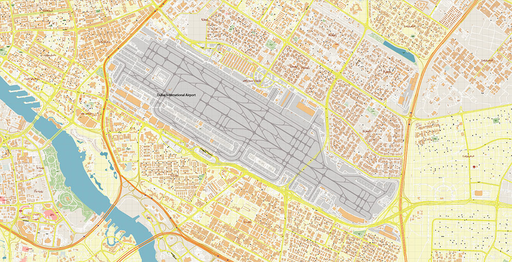 Dubai International Airport Map Vector Exact High Detailed Street Map editable Adobe Illustrator in layers