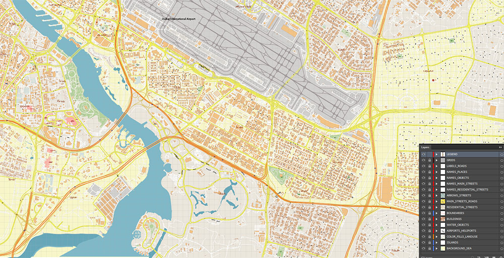 Dubai International Airport Map Vector Exact High Detailed Street Map editable Adobe Illustrator in layers