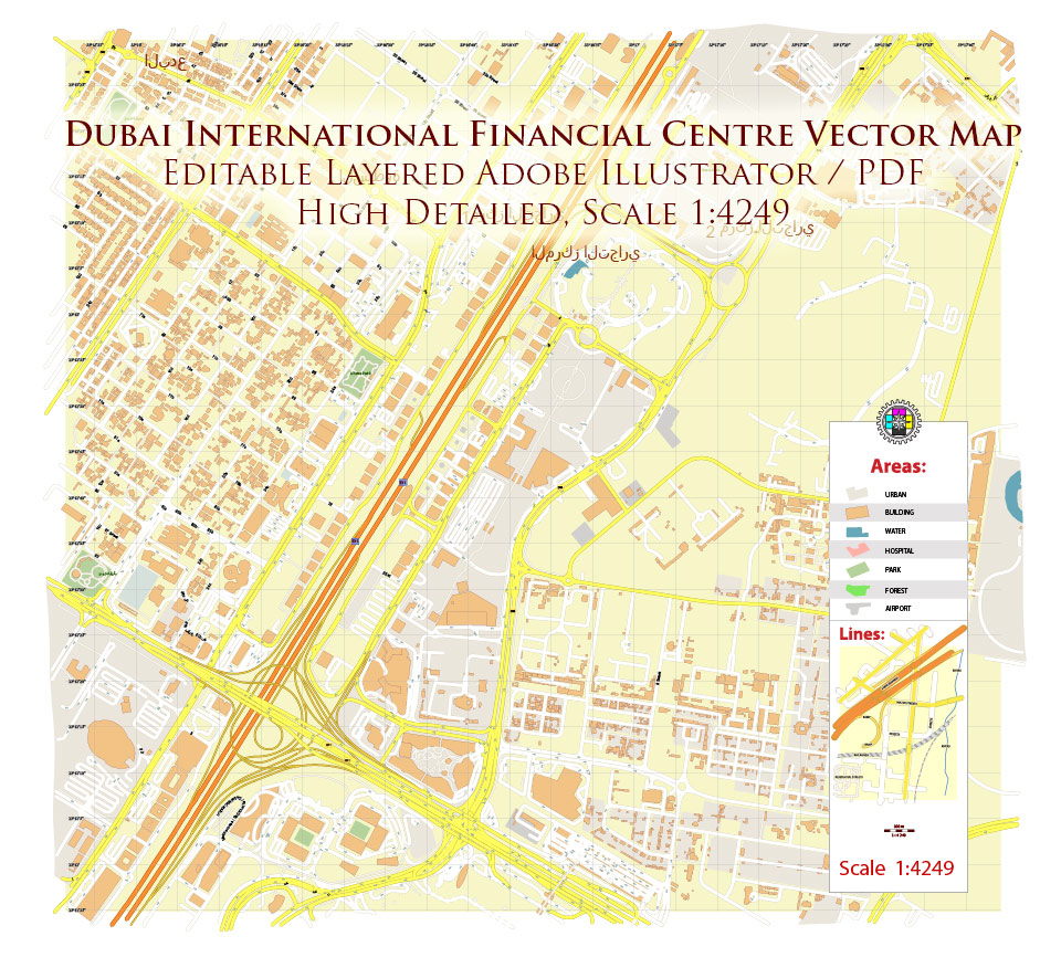 Dubai International Financial Centre (DIFC) CBD Map Vector Exact High Detailed Street Map editable Adobe Illustrator in layers