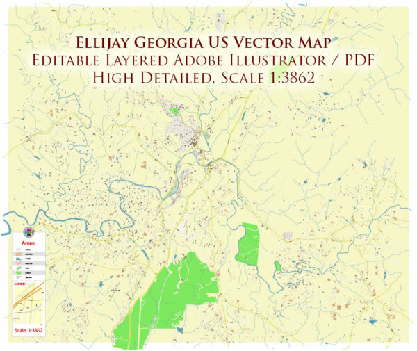 Ellijay Georgia USA Map Vector Exact City Plan High Detailed Street Map editable Adobe Illustrator in layers
