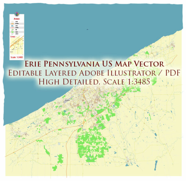 Erie Pennsylvania USA Map Vector Exact City Plan High Detailed Street Map editable Adobe Illustrator in layers Erie Pennsylvania USA Map Vector Exact City Plan High Detailed Street Map editable Adobe Illustrator in layers