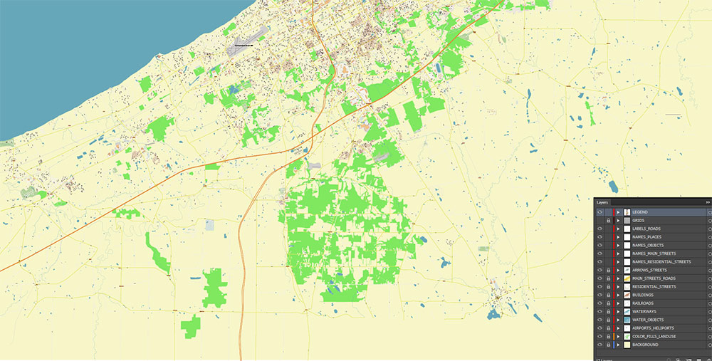 Erie Pennsylvania USA Map Vector Exact City Plan High Detailed Street Map editable Adobe Illustrator in layers