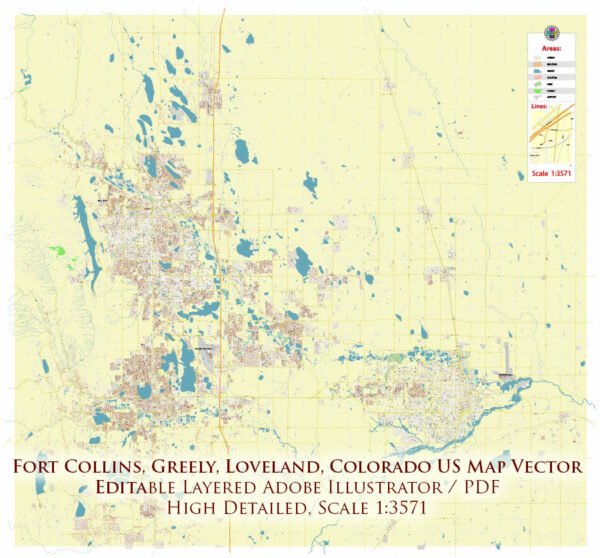 Fort Collins, Greely, Loveland, Colorado USA Map Vector Exact City Plan High Detailed Street Map editable Adobe Illustrator in layers Fort Collins, Greely, Loveland, Colorado USA Map Vector Exact City Plan High Detailed Street Map editable Adobe Illustrator in layers