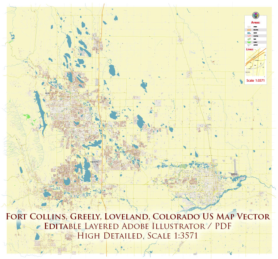 Fort Collins, Greely, Loveland, Colorado USA Map Vector Exact City Plan High Detailed Street Map editable Adobe Illustrator in layers