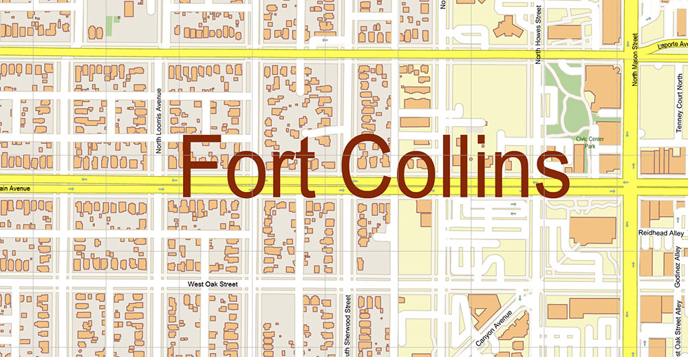 Fort Collins, Greely, Loveland, Colorado USA Map Vector Exact City Plan High Detailed Street Map editable Adobe Illustrator in layers