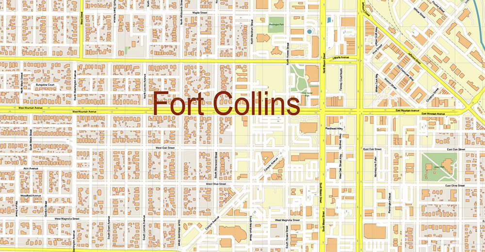 Fort Collins, Greely, Loveland, Colorado USA Map Vector Exact City Plan High Detailed Street Map editable Adobe Illustrator in layers
