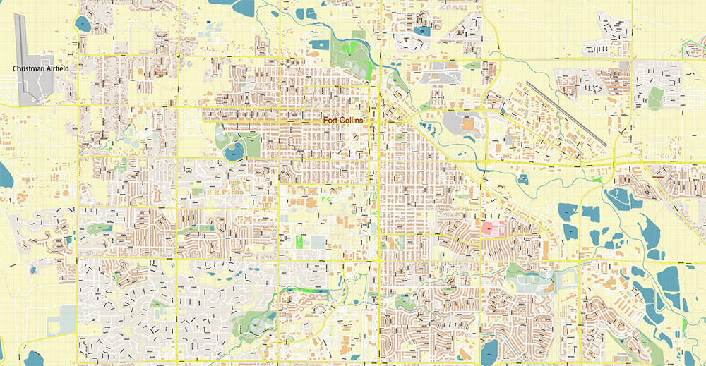Fort Collins, Greely, Loveland, Colorado USA Map Vector Exact City Plan High Detailed Street Map editable Adobe Illustrator in layers