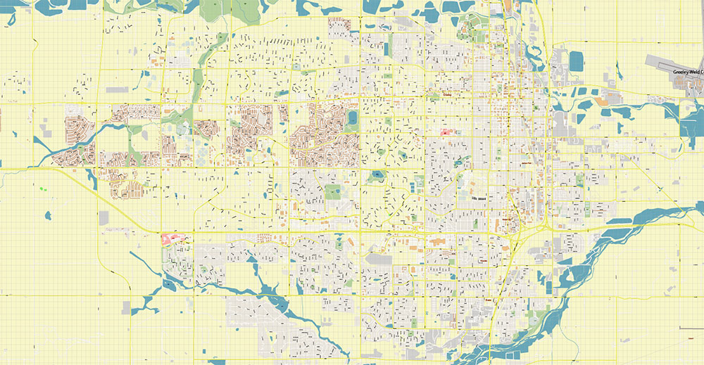 Fort Collins, Greely, Loveland, Colorado USA Map Vector Exact City Plan High Detailed Street Map editable Adobe Illustrator in layers